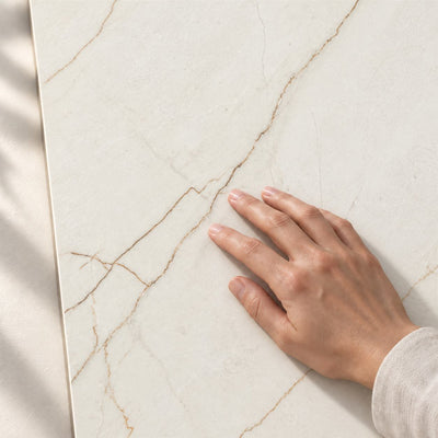 Limaro White Matt 120x60cm – hand touching tile surface – product render