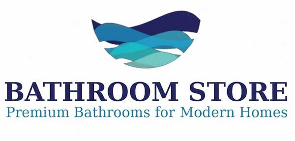 Logo of Bathroom Store with blue and green wave design on a white background