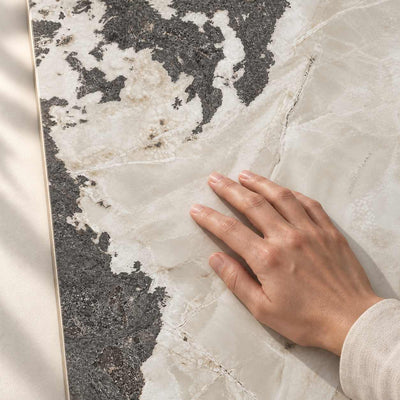 Lumeya Naturale Satin 120x60cm – hand touching tile surface – product render
