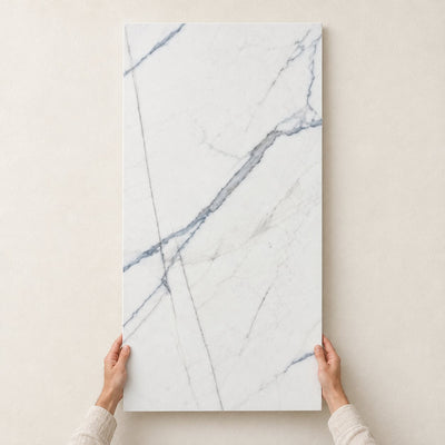 Marmara Blue Marble Effect Porcelain Tile Matt 120x60cm – full tile held in hands – product render