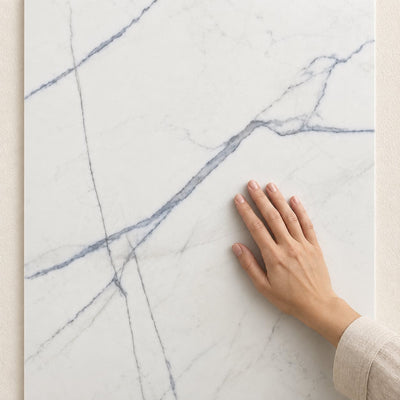 Marmara Blue Marble Effect Porcelain Tile Matt 120x60cm – hand touching tile surface – product render