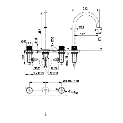 MOZA 316L 3-hole basin mixer technical drawing with dimensions