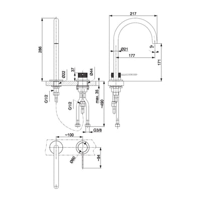 MOZA 316L 2-hole basin mixer technical drawing with dimensions