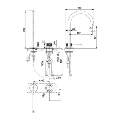 MOZA 316L 2-hole basin mixer technical drawing with dimensions