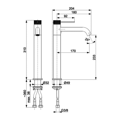 MOZA 316L countertop basin mixer technical drawing with dimensions