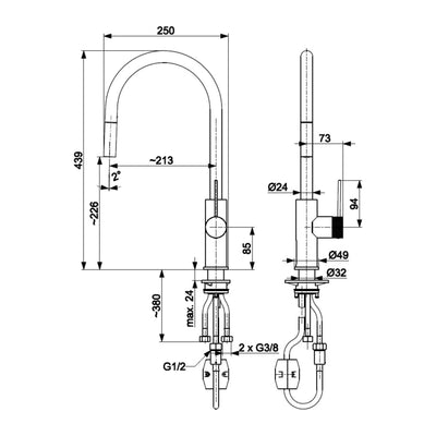 MOZA 316L kitchen mixer technical drawing with dimensions