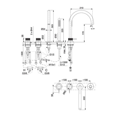 MOZA 316L 4-hole bath mixer technical drawing with dimensions