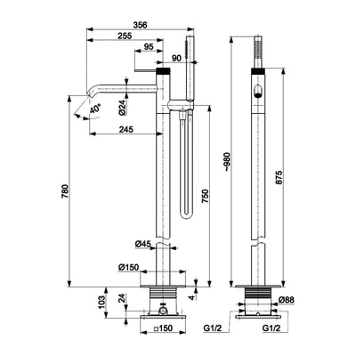 MOZA 316L freestanding bath mixer technical drawing with dimensions