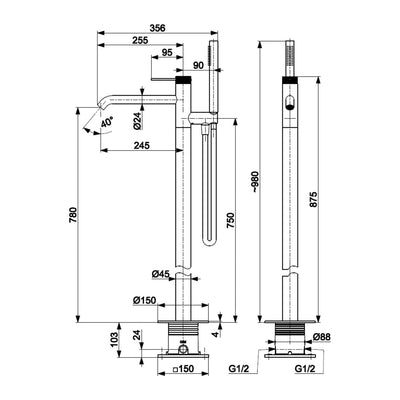MOZA 316L freestanding bath mixer technical drawing with dimensions