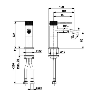MOZA 316L bidet mixer technical drawing with dimensions