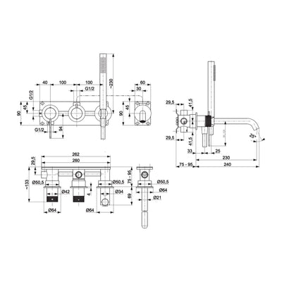 MOZA 316L concealed bath set technical drawing with dimensions