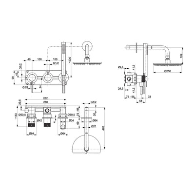 MOZA 316L concealed shower set technical drawing with dimensions