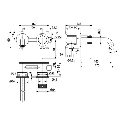 MOZA 316L concealed basin mixer technical drawing with dimensions