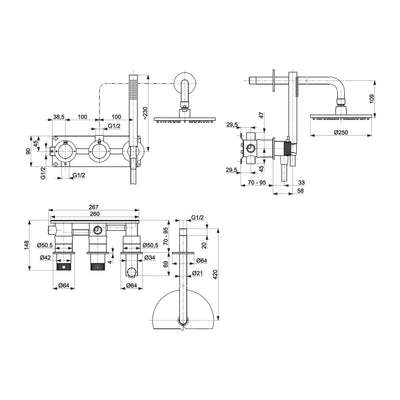 MOZA 316L thermostatic shower set technical drawing with dimensions