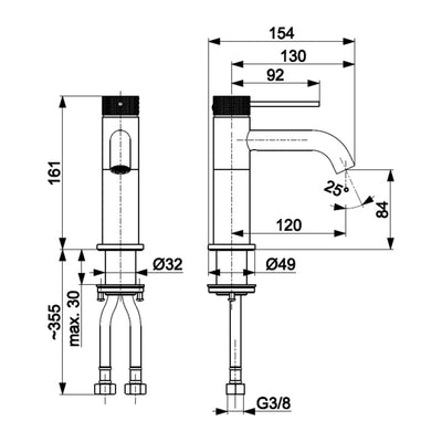 MOZA 316L basin mixer technical drawing with dimensions