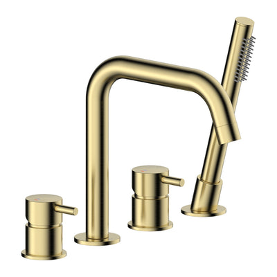 Moza 4-Hole Deck-Mounted Bath Mixer with Hand Shower — Brushed Gold