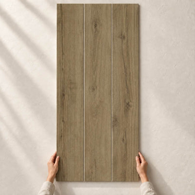 Nodo Brown Structure Matt 120x20cm – three wood-effect porcelain planks side by side with hands – product render