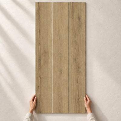 Nodo Naturale Structure Matt 120x20cm – three wood-effect porcelain planks side by side with hands – product render