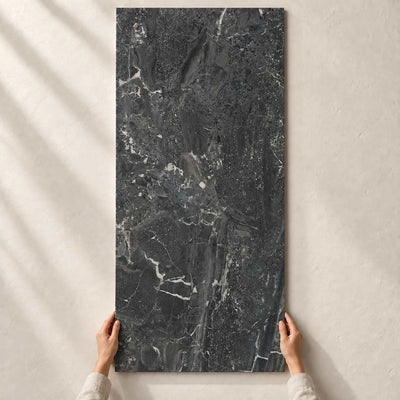 North Cathedral Black Semi-Polished 120x60cm – full tile held in hands – product render