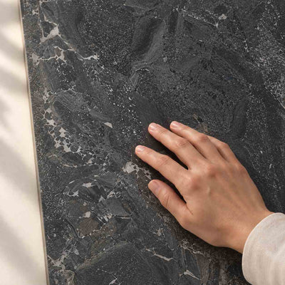 North Cathedral Black Semi-Polished 120x60cm – hand touching tile surface – product render