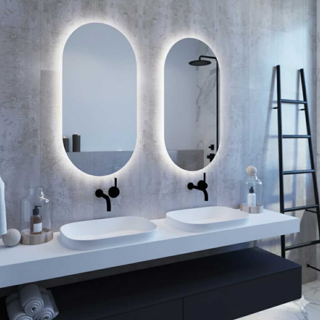 two oval mirrors with backlit