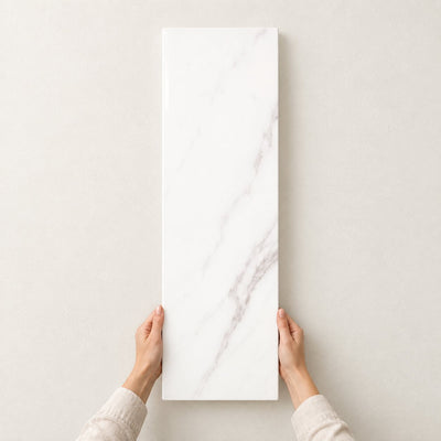 Palatina Gloss White Marble Effect Wall Tile 30x90cm – full tile held in hands – product render