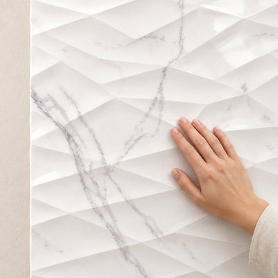 Palatina Gloss White Marble Effect Wall Tile Giga Decor 30x90cm – hand touching relief surface – product render
