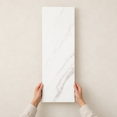Palatina Matt White Marble Effect Wall Tile 30x90cm – full tile held in hands – product render