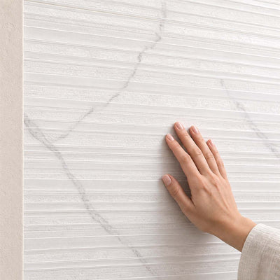 Palatina Matt White Marble Effect Wall Tile Nazca Decor 30x90cm – hand touching relief surface – product render