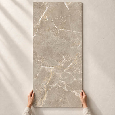 Proud Champagne Beige Structure Matt 120x60cm – full tile held in hands – product render