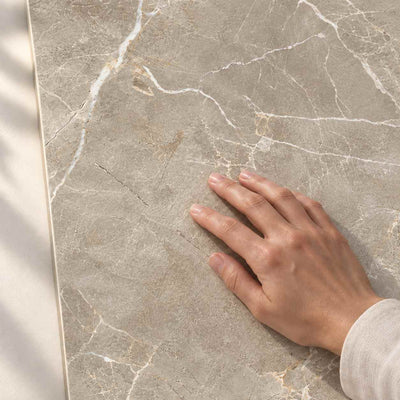 Proud Champagne Beige Structure Matt 120x60cm – hand touching tile surface – product render
