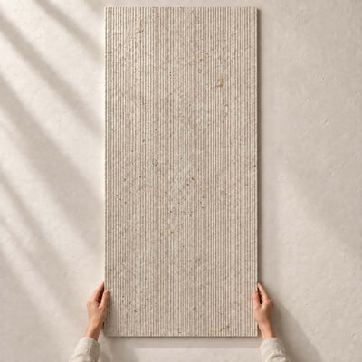 Relis Beige Decor Structure Matt 120x60cm porcelain tile render - full tile held upright by hands