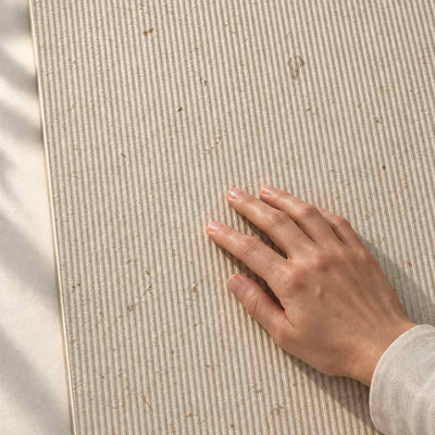 Relis Beige Decor Structure Matt 120x60cm porcelain tile render - hand touching the matt tile surface