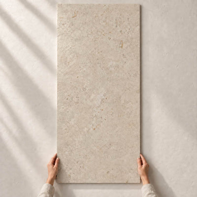 Relis Beige Structure Matt 120x60cm porcelain tile render - full tile held upright by hands