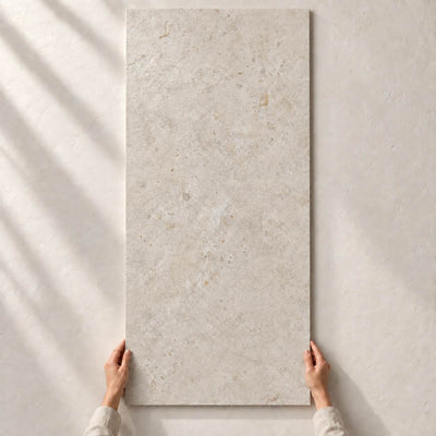 Relis Greige Structure Matt 120x60cm porcelain tile render - full tile held upright by hands