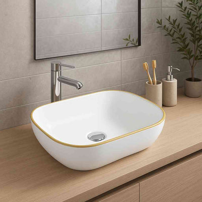 Rita Countertop Washbasin - White + Gold Lip - Bathroom Store Ireland