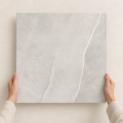 Ritual Light Grey Matt 60x60cm – full tile held in hands – product render
