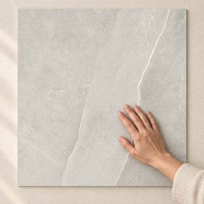Ritual Light Grey Matt 60x60cm – hand touching tile surface – product render