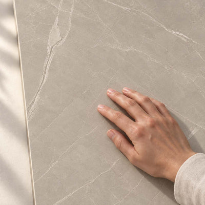 Ritual Taupe Matt 120x60cm – surface detail with hand – product render