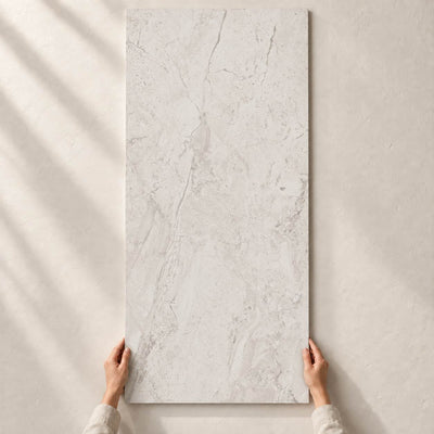 Saint Cathedral White Semi-Polished 120x60cm – full tile held in hands – product render
