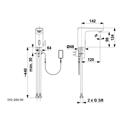 KFA Salto sensor washbasin mixer with integrated agitator technical drawing with dimensions