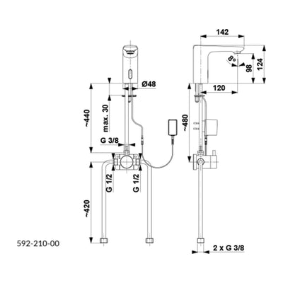 KFA Salto sensor washbasin mixer with external agitator technical drawing with dimensions