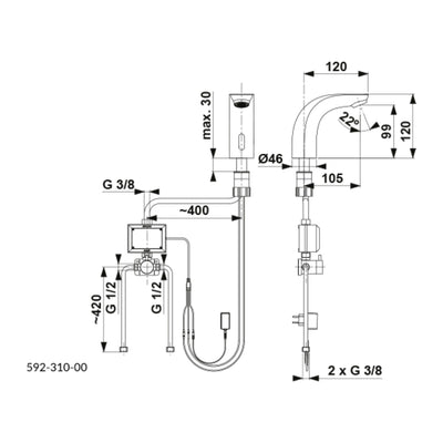 KFA Samba New sensor washbasin mixer technical drawing with dimensions