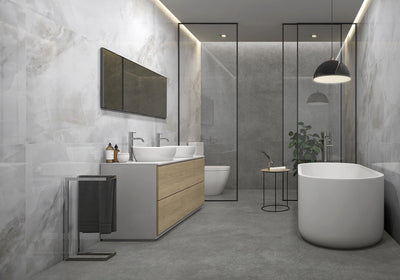 Sardonyx onyx effect large-format porcelain tiles in a bathroom (polished finish shown)