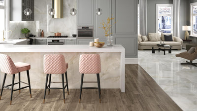 Sardonyx onyx effect large-format porcelain tiles in a kitchen and living room (polished finish shown)