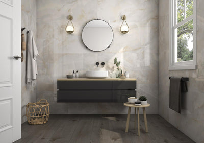 Sardonyx onyx effect large-format porcelain tiles in a bathroom (polished finish shown)