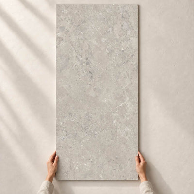 Sedina Grey Matt 120x60cm – full tile held in hands – product render