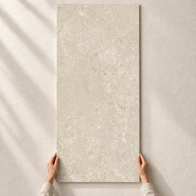 Sedina Light Beige Matt 120x60cm – full tile held in hands – product render