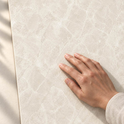 Senses Cirra White Semi-Polished 120x60cm – hand touching the tile surface – product render