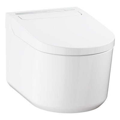 GROHE Sensia Pro wall-hung smart toilet with integrated bidet, front view in white and chrome